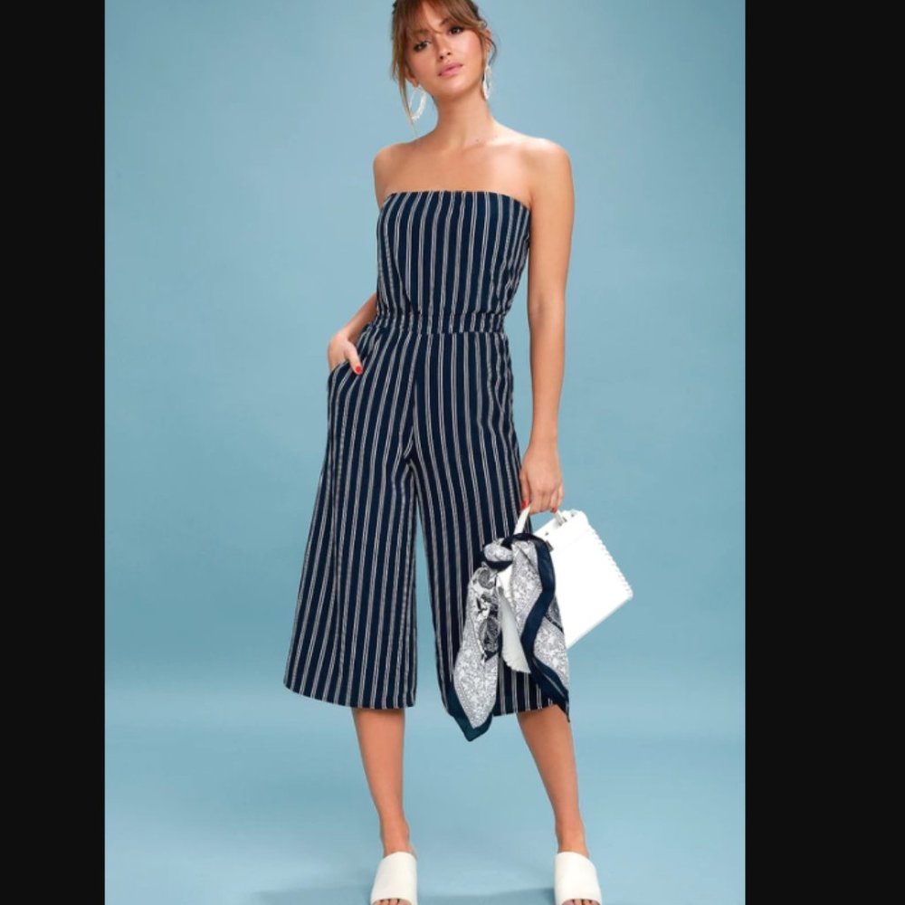 LuLu's | Navy Blue Striped Strapless Midi Jumpsuit